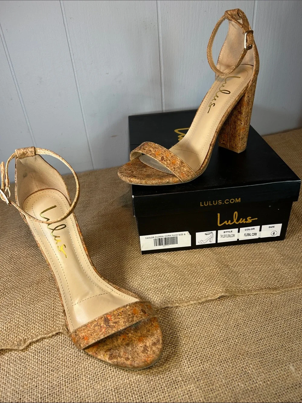 Lulu's Cork-Textured Ankle-Strap Block Heels - Tan Multi